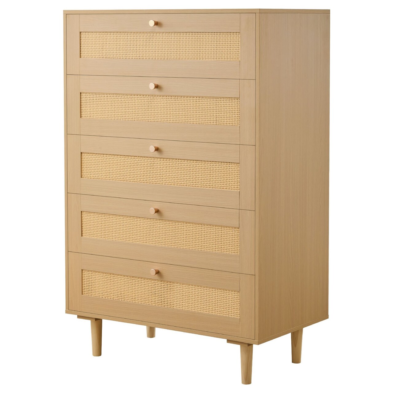 Natural Wood Rattan Dresser 5-Drawer Storage Cabinet Vintage Style